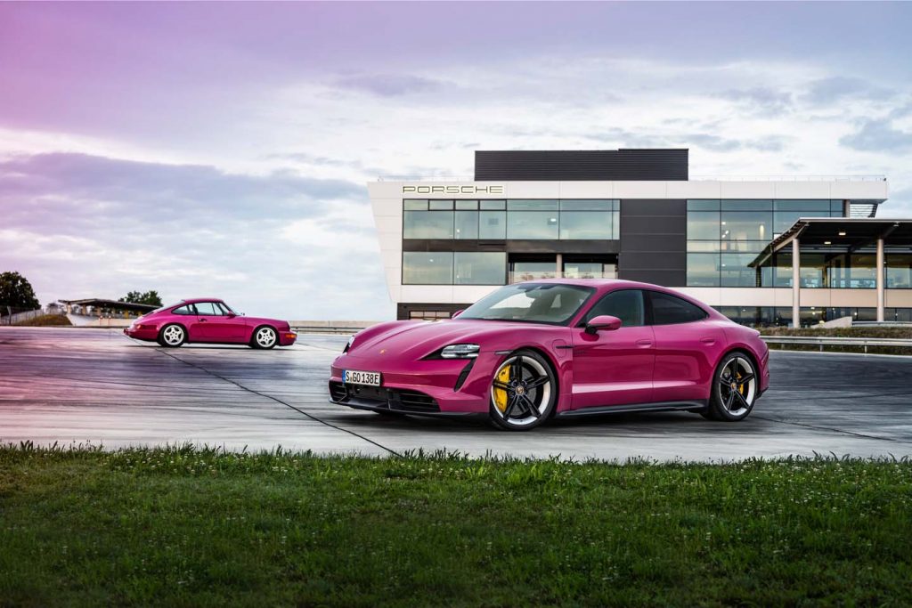 Porsche Taycan and 964 911 in front of Porsche Factory