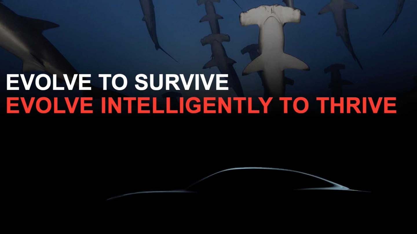 Text from Dodge's electric muscle car teaser saying, "Evolve to survive. Evolve intelligently to thrive."