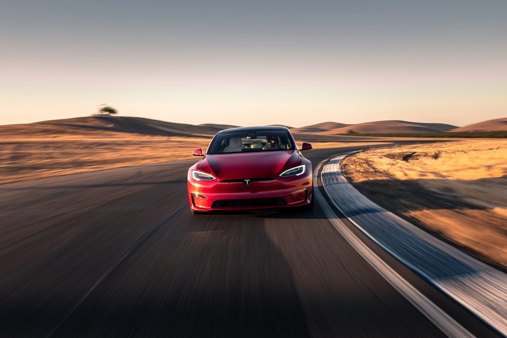 Tesla Model S Plaid Front View on Racetrack