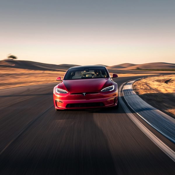 Tesla Model S Plaid Front View on Racetrack