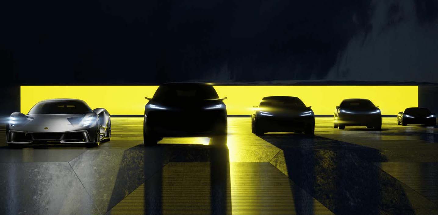 Lotus EV Teaser Image showing four new electric cars shrouded in darkness