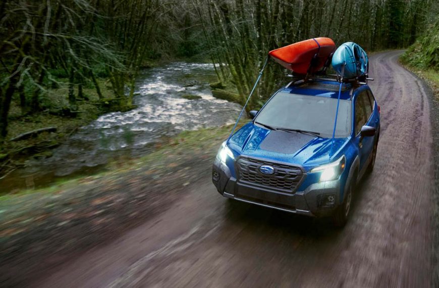 Above view of 2022 Subaru Forester Wilderness with Kayaks on the Roof